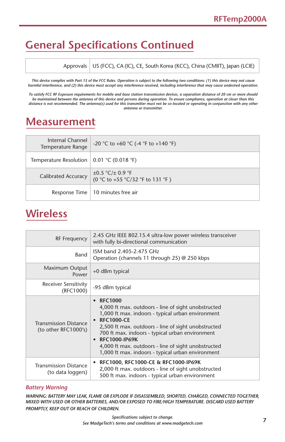 Measurement, Wireless, General specifications continued | Rftemp2000a | MadgeTech RFTemp2000A User Manual | Page 9 / 16