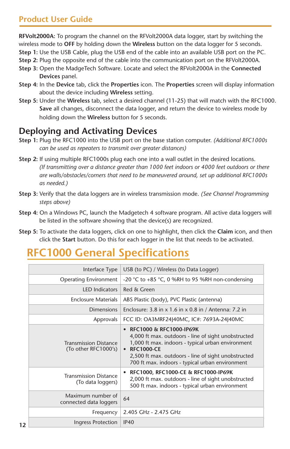 Rfc1000 general specifications, Deploying and activating devices, Product user guide | MadgeTech RFVolt2000A User Manual | Page 14 / 16