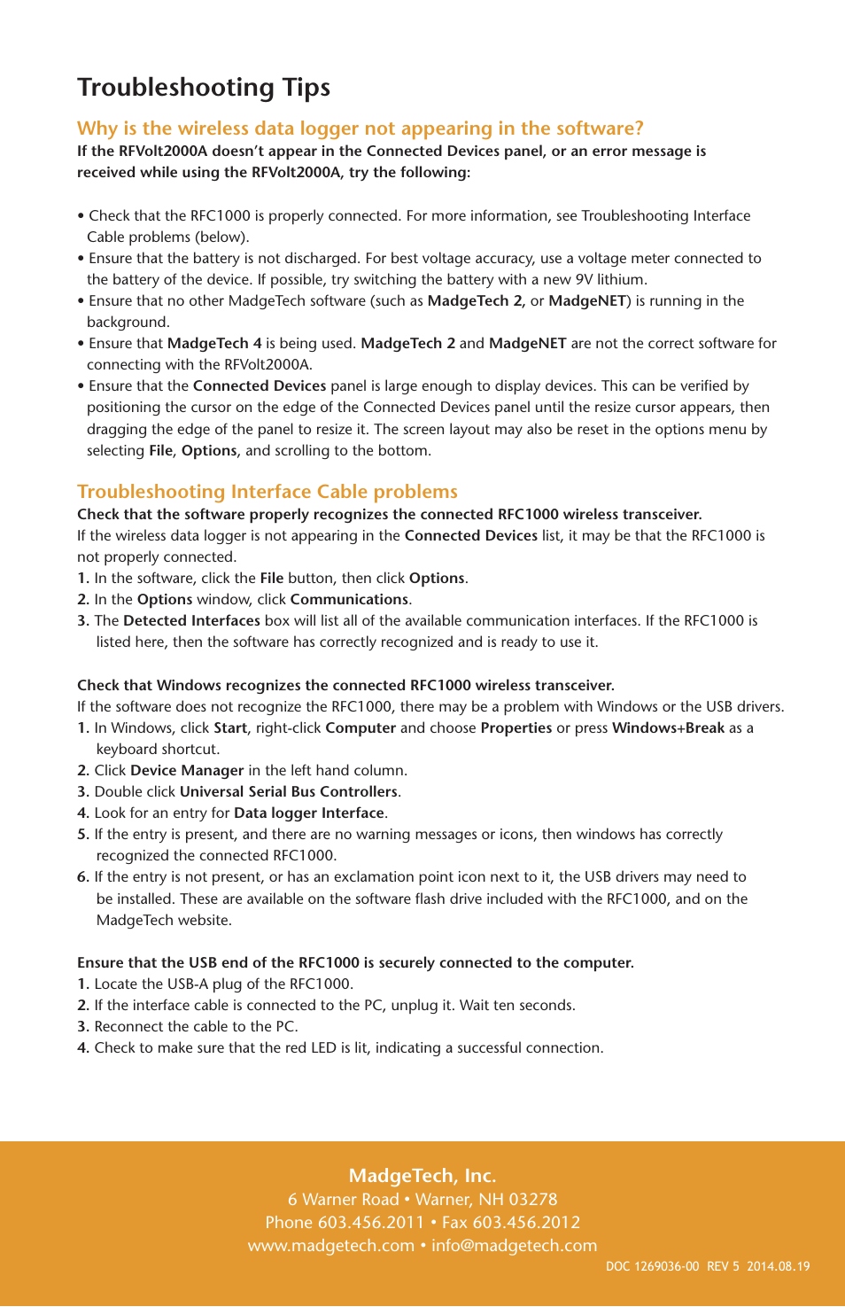 Troubleshooting tips, Troubleshooting interface cable problems, Madgetech, inc | MadgeTech RFVolt2000A User Manual | Page 16 / 16