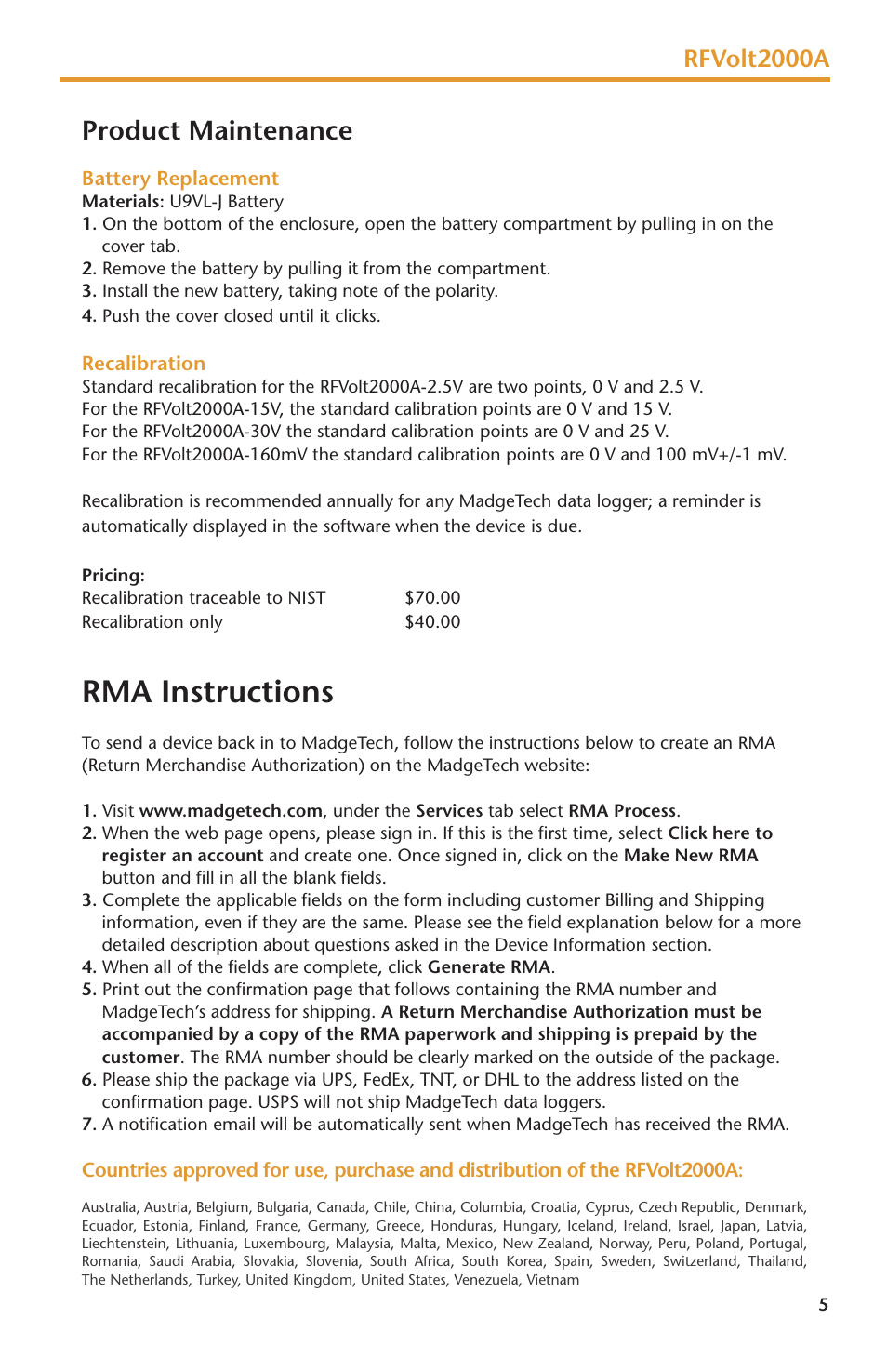 Rma instructions, Product maintenance, Rfvolt2000a | MadgeTech RFVolt2000A User Manual | Page 7 / 16