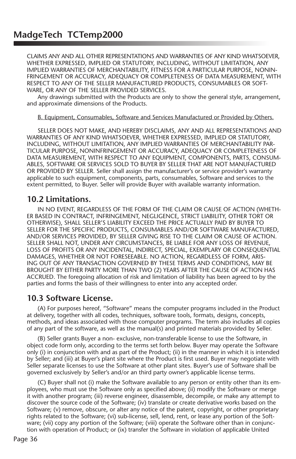 Madgetech tctemp2000, 2 limitations, 3 software license | MadgeTech TCTemp2000 Data Logger User Manual | Page 37 / 38