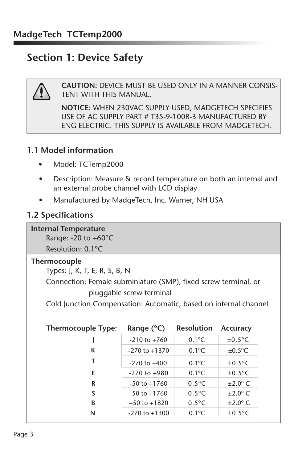 Madgetech tctemp2000, 1 model information, 2 specifications | MadgeTech TCTemp2000 Data Logger User Manual | Page 4 / 38