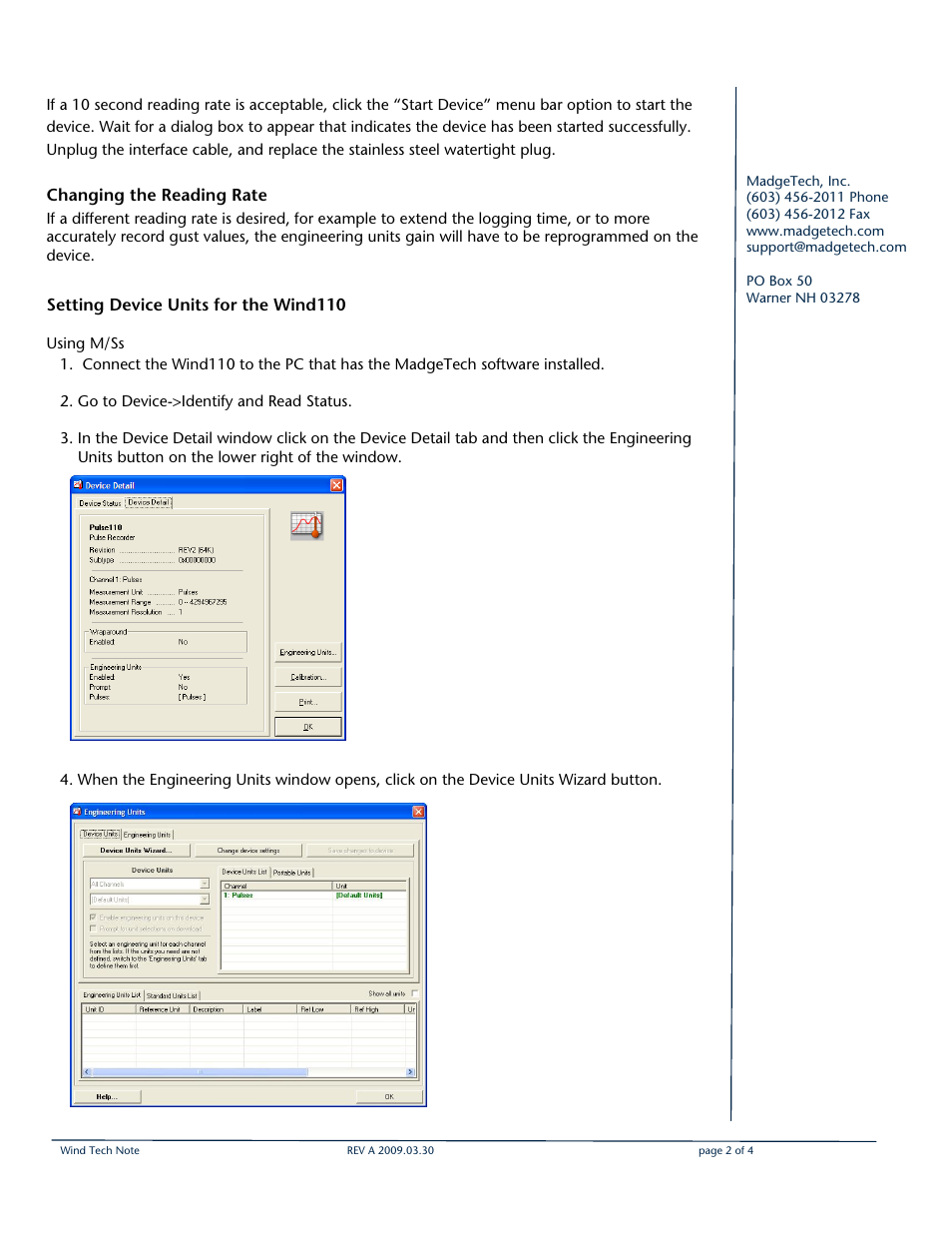 Changing the reading rate, Setting device units for the wind110 | MadgeTech Wind101A Data Logger User Manual | Page 2 / 4