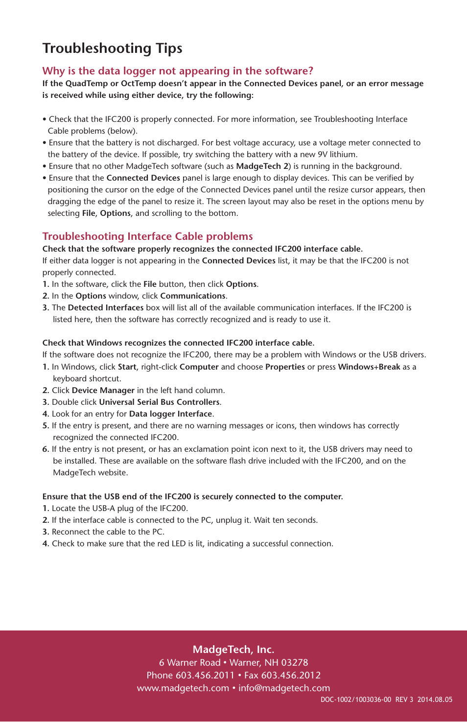 Troubleshooting tips, Madgetech, inc, Troubleshooting interface cable problems | MadgeTech QuadTemp Data Logger User Manual | Page 12 / 12