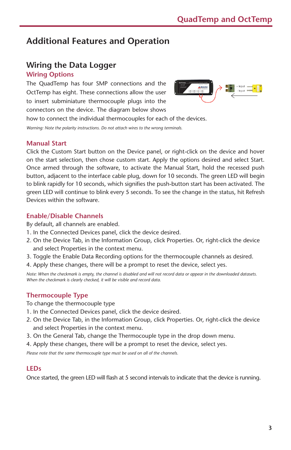 Additional features and operation, Quadtemp and octtemp, Wiring the data logger | MadgeTech QuadTemp Data Logger User Manual | Page 5 / 12