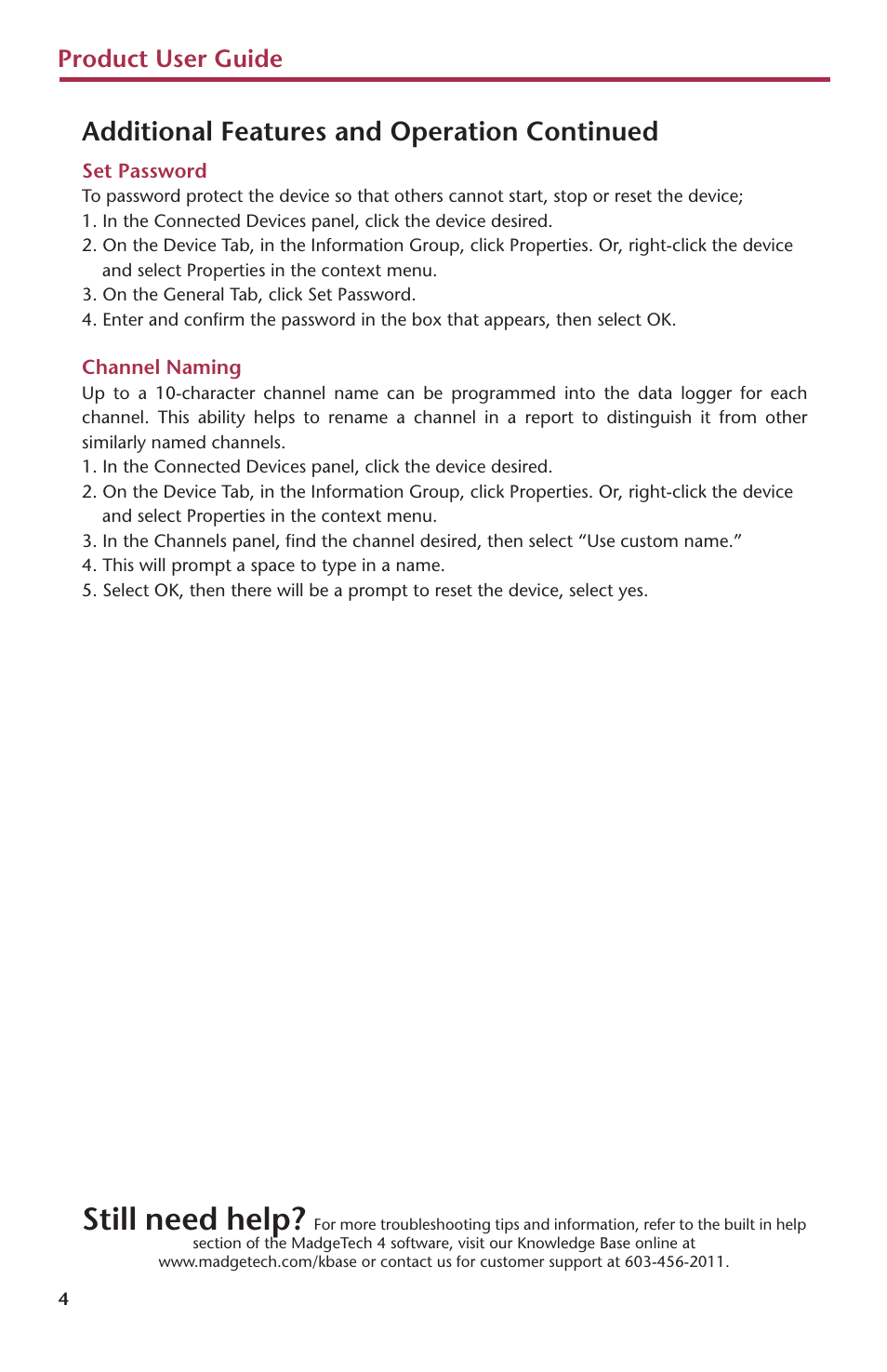 Still need help, Additional features and operation continued, Product user guide | MadgeTech QuadTemp Data Logger User Manual | Page 6 / 12