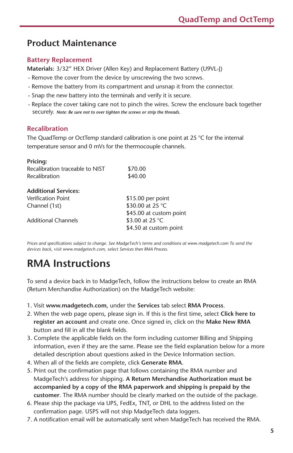 Rma instructions, Product maintenance, Quadtemp and octtemp | MadgeTech QuadTemp Data Logger User Manual | Page 7 / 12