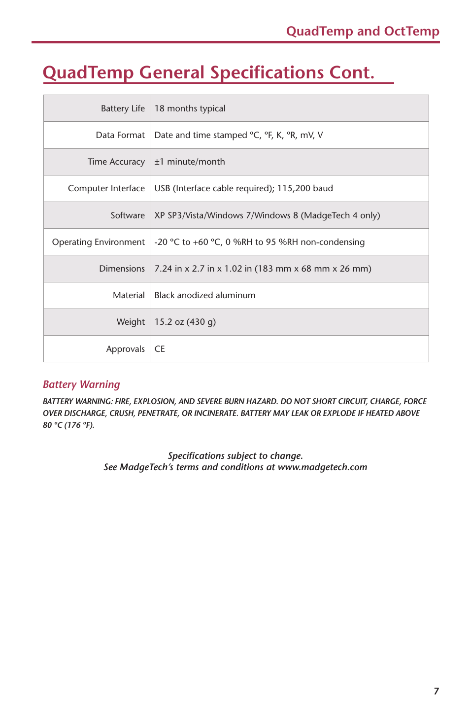 Quadtemp general specifications cont, Quadtemp and octtemp | MadgeTech QuadTemp Data Logger User Manual | Page 9 / 12