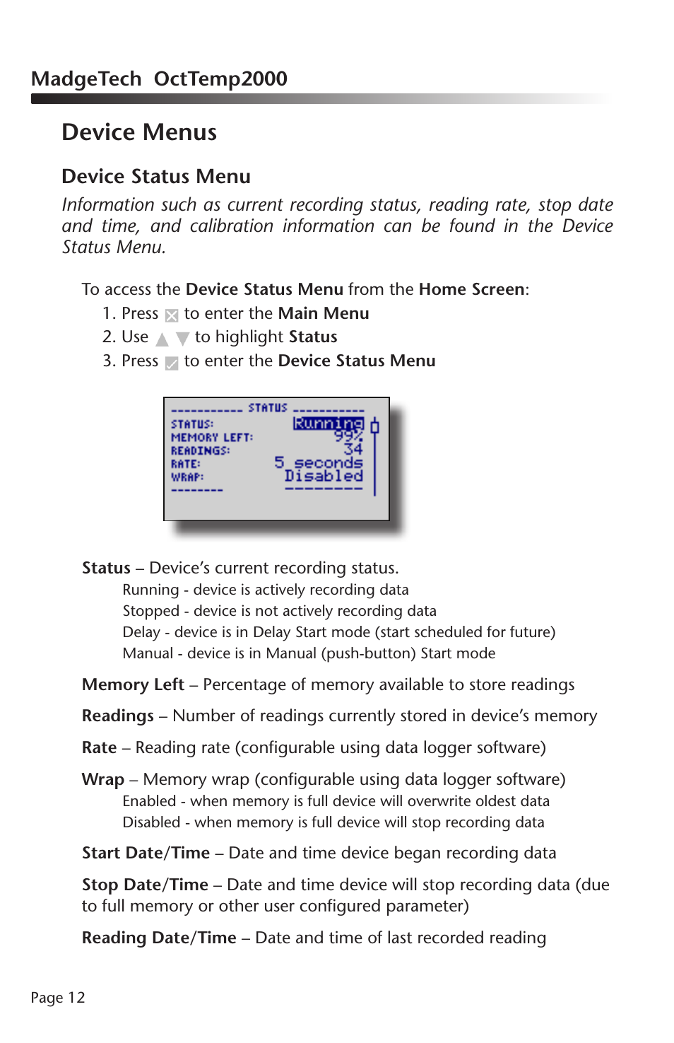 Device menus, Madgetech octtemp2000, Device status menu | MadgeTech OctTemp2000 Data Logger User Manual | Page 13 / 26