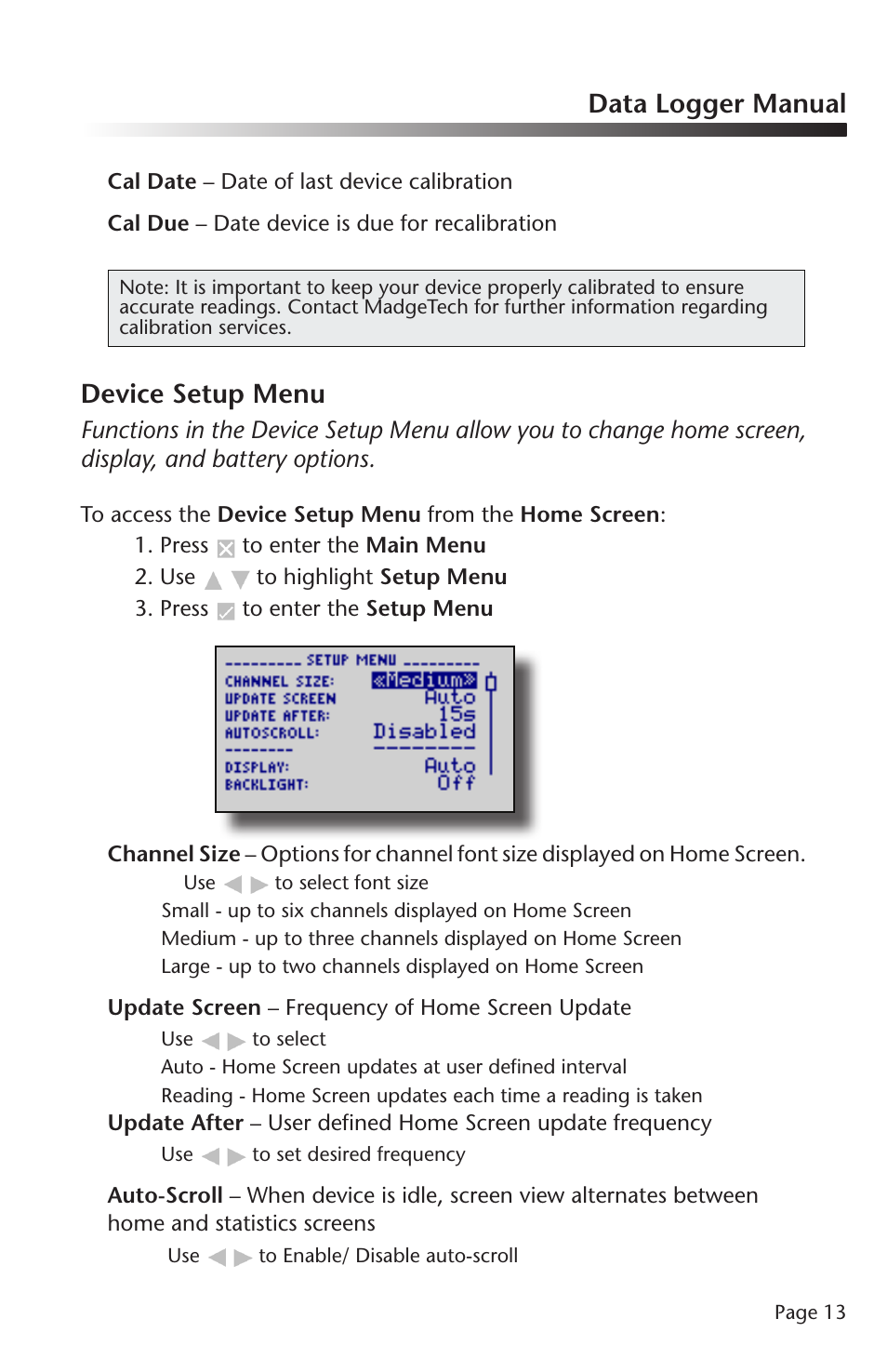 Data logger manual, Device setup menu | MadgeTech OctTemp2000 Data Logger User Manual | Page 14 / 26