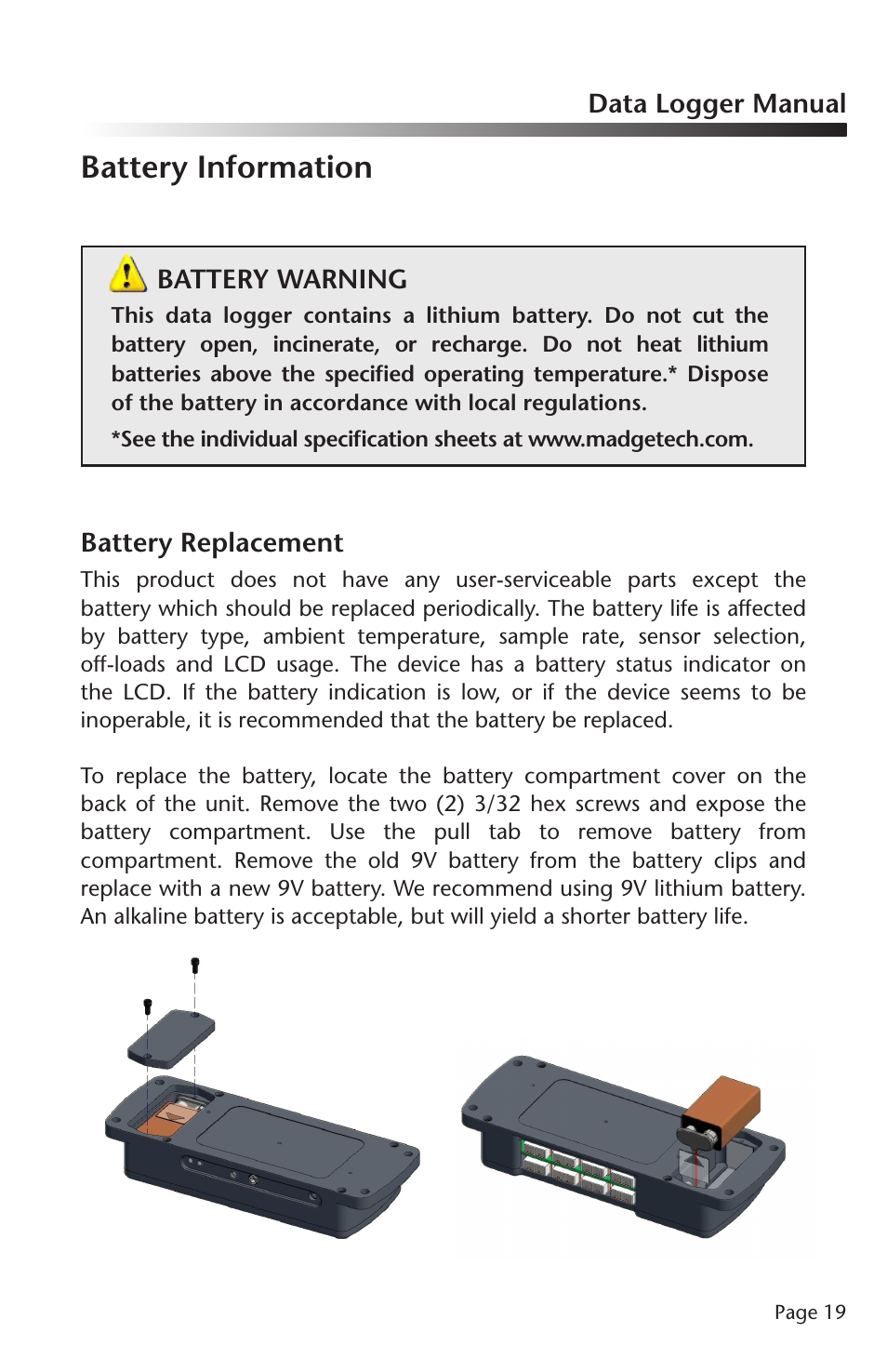 Battery information | MadgeTech OctTemp2000 Data Logger User Manual | Page 20 / 26