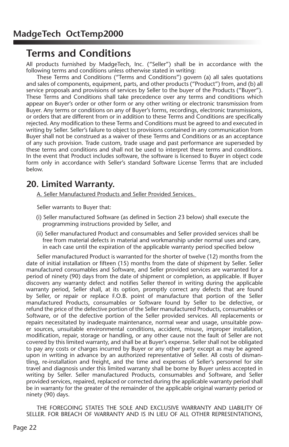 Terms and conditions, Madgetech octtemp2000, Limited warranty | MadgeTech OctTemp2000 Data Logger User Manual | Page 23 / 26