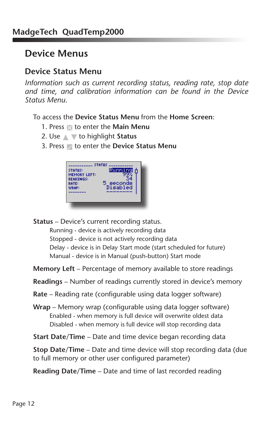 Device menus, Madgetech quadtemp2000, Device status menu | MadgeTech QuadTemp2000 Data Logger User Manual | Page 13 / 26