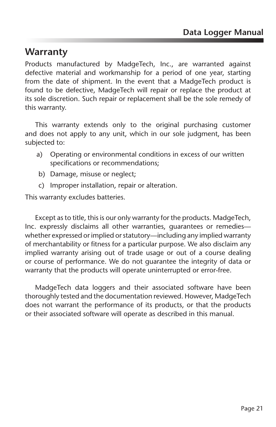 Warranty | MadgeTech QuadTemp2000 Data Logger User Manual | Page 22 / 26