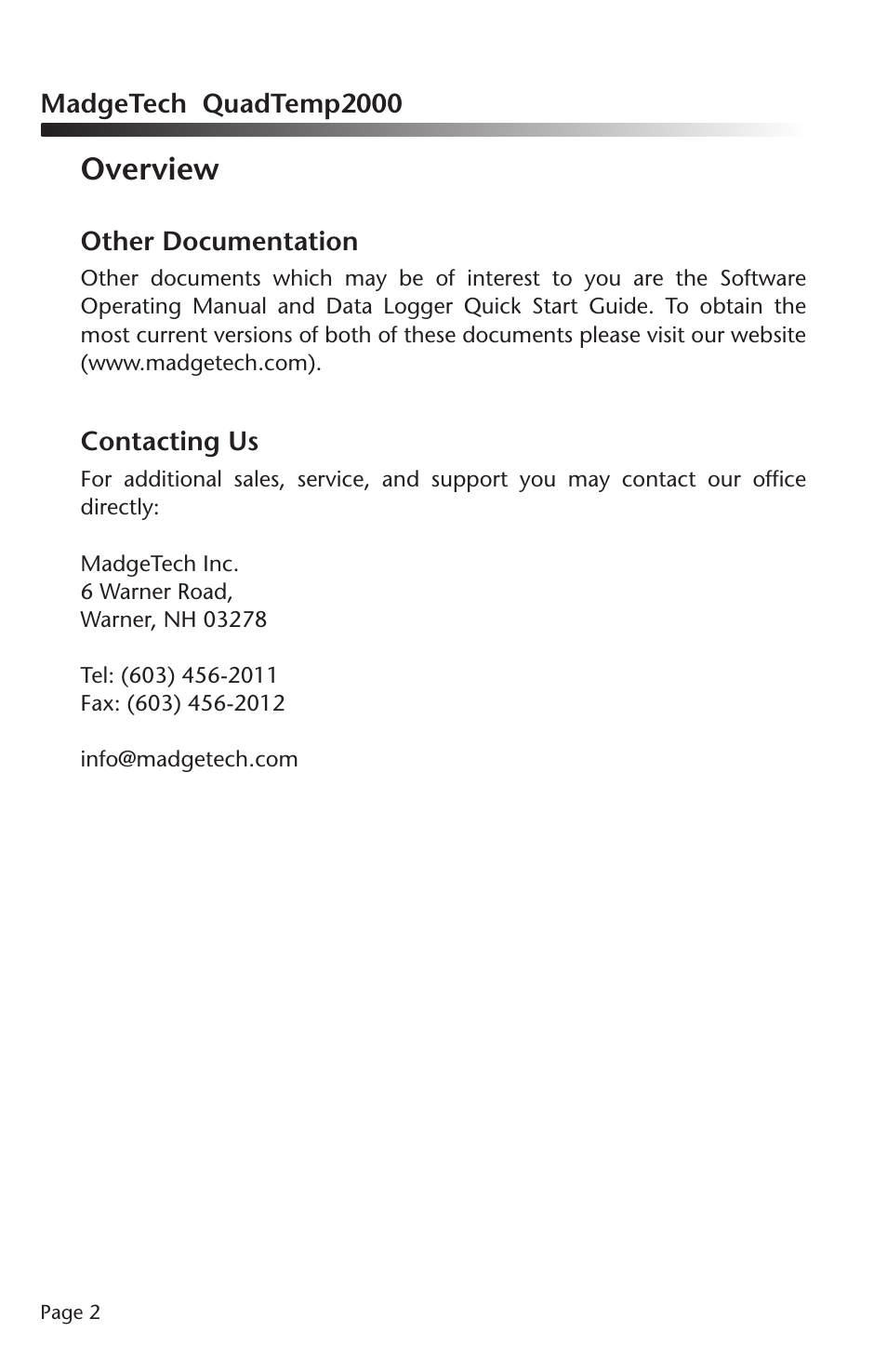 Overview | MadgeTech QuadTemp2000 Data Logger User Manual | Page 3 / 26