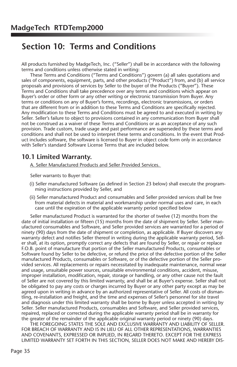 Madgetech rtdtemp2000, 1 limited warranty | MadgeTech RTDTemp2000 Data Logger User Manual | Page 36 / 38