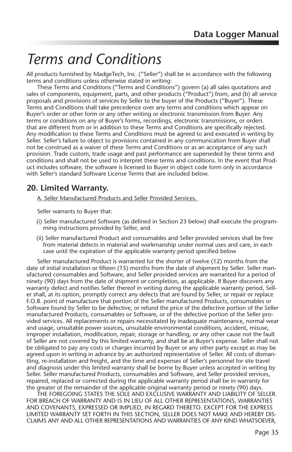 Terms and conditions, Data logger manual, Limited warranty | MadgeTech PRHTemp2000 Data Logger User Manual | Page 36 / 38