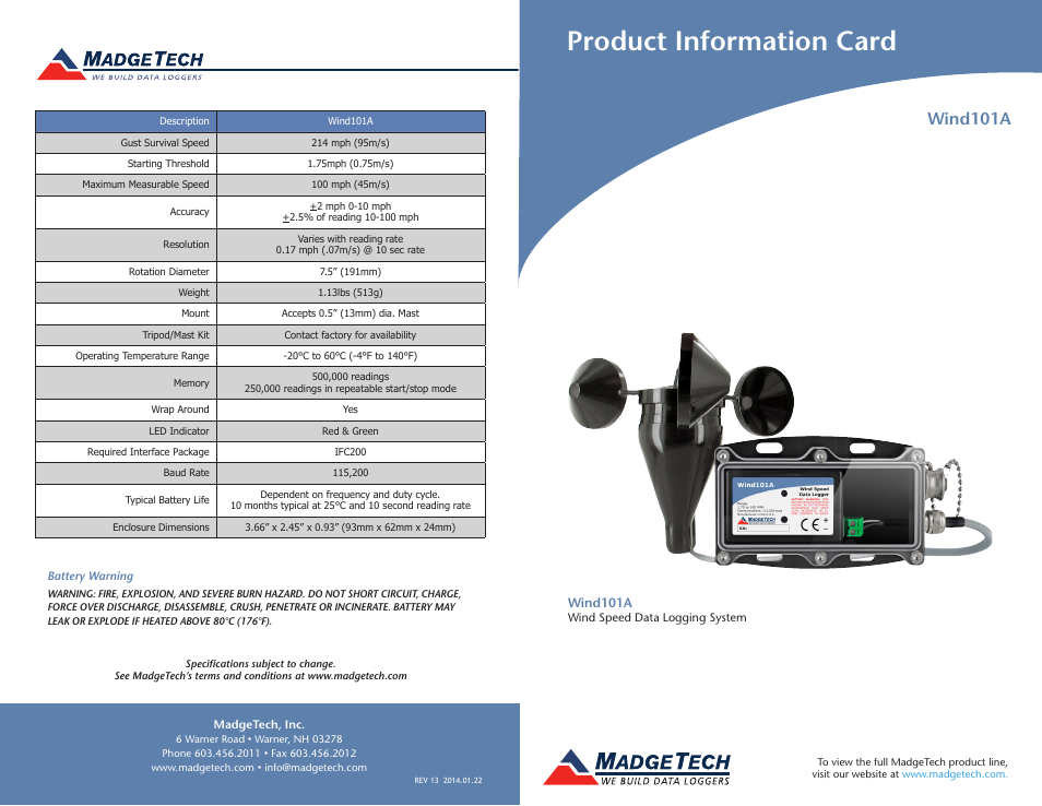 MadgeTech Wind101A Data Logger User Manual | 2 pages