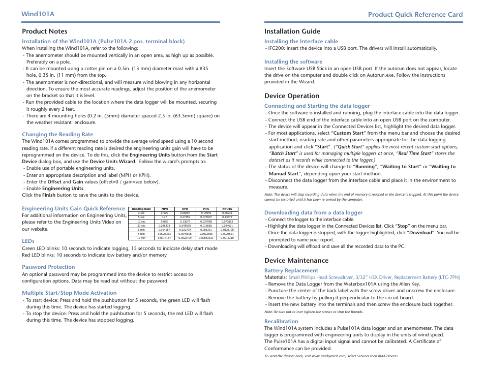 Installation guide, Device operation, Device maintenance | Product quick reference card wind101a | MadgeTech Wind101A Data Logger User Manual | Page 2 / 2