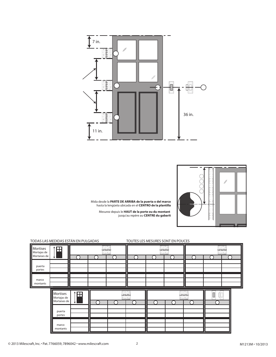 Standard placement of door hardware, Easy measure guide, All measurements are in inches | Top of door or frame, Center of template, Measure from, 36 in, Guía de medición fácil guide de mesure facile | Milescraft 1213 - DoorMortise Kit User Manual | Page 2 / 5