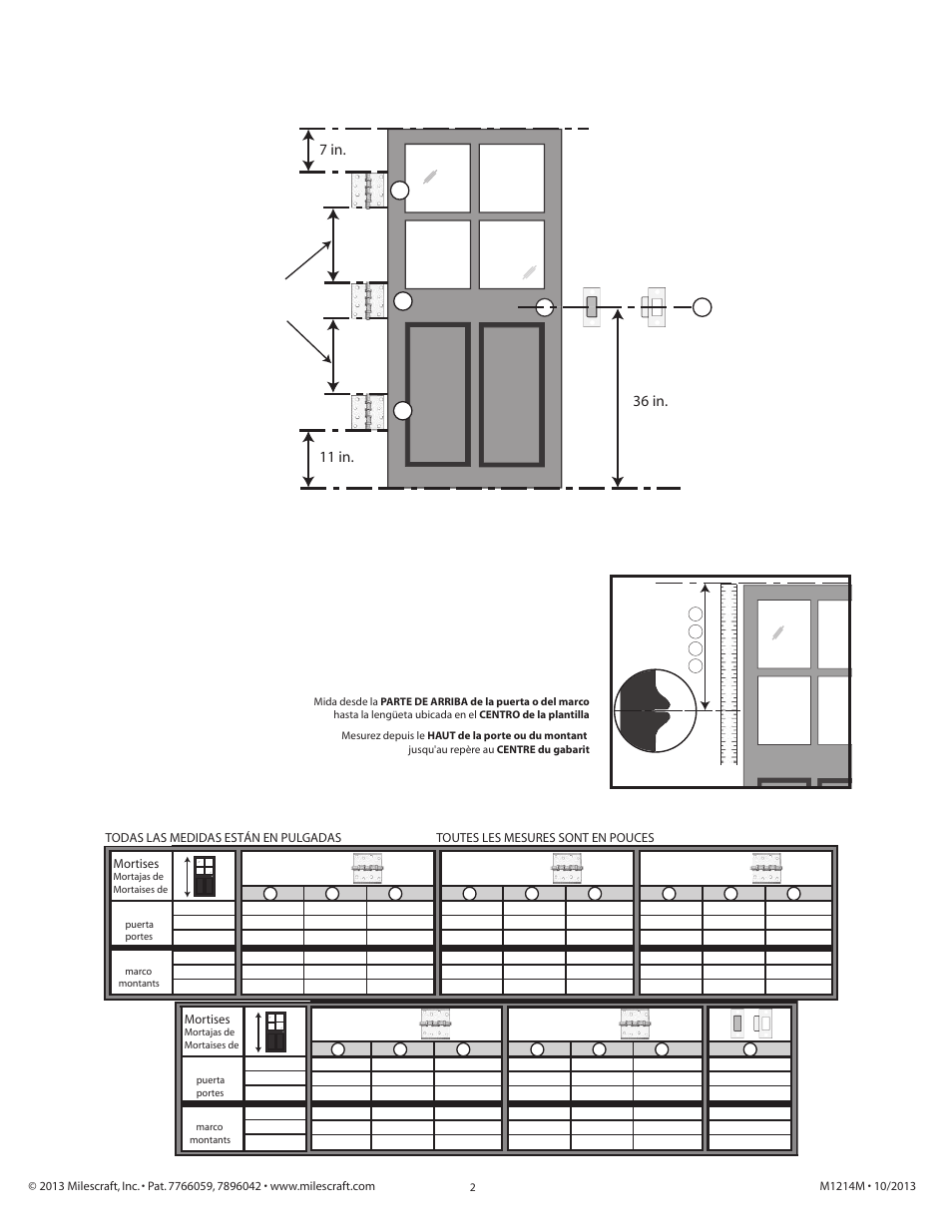 Standard placement of door hardware, Easy measure guide, All measurements are in inches | Top of door or frame, Center of template, Measure from, 36 in, Guía de medición fácil guide de mesure facile | Milescraft 1214 - HingeMortise Kit User Manual | Page 2 / 5