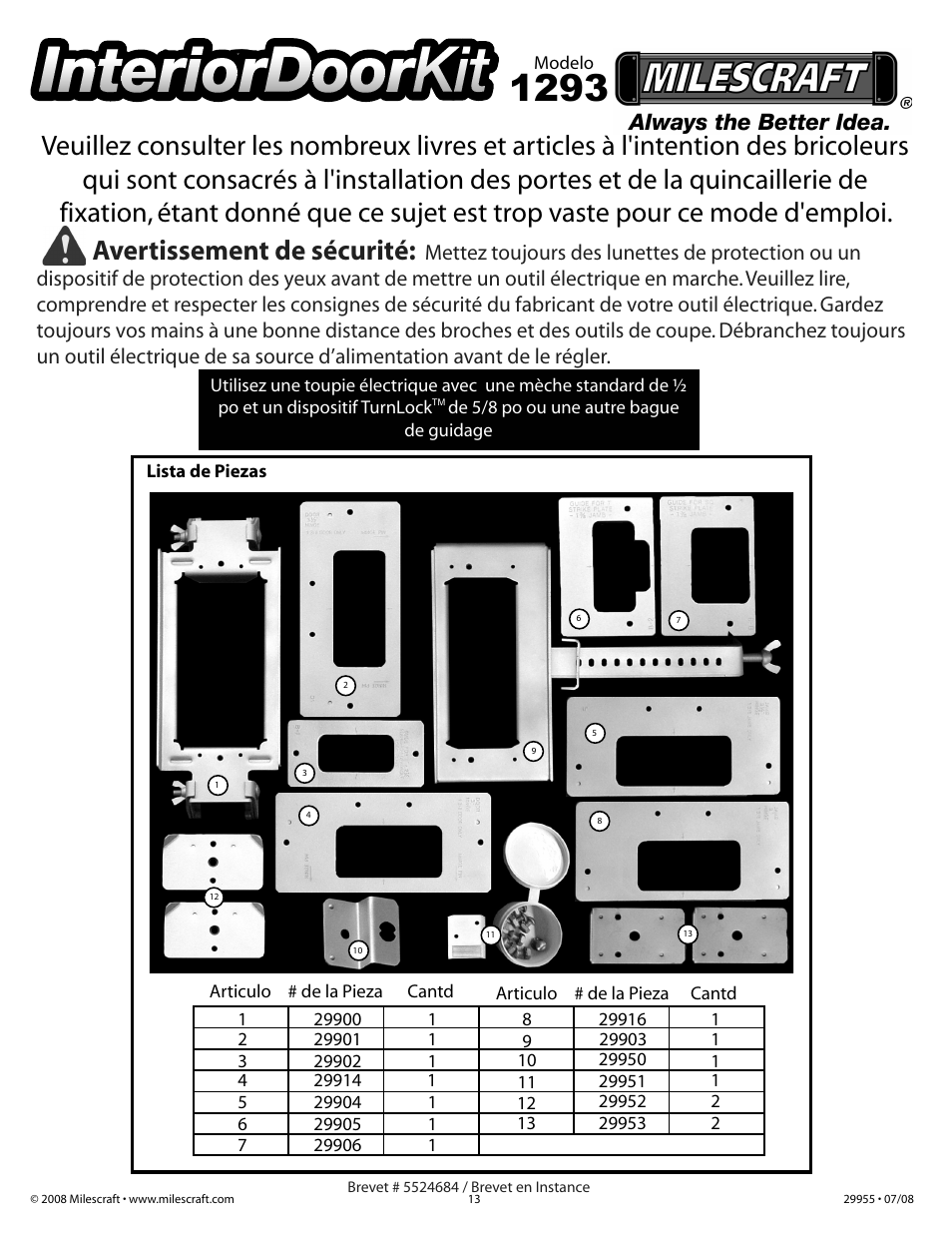 Interiordoor kit, Avertissement de sécurité | Milescraft 1293 - InteriorDoor Kit User Manual | Page 13 / 20