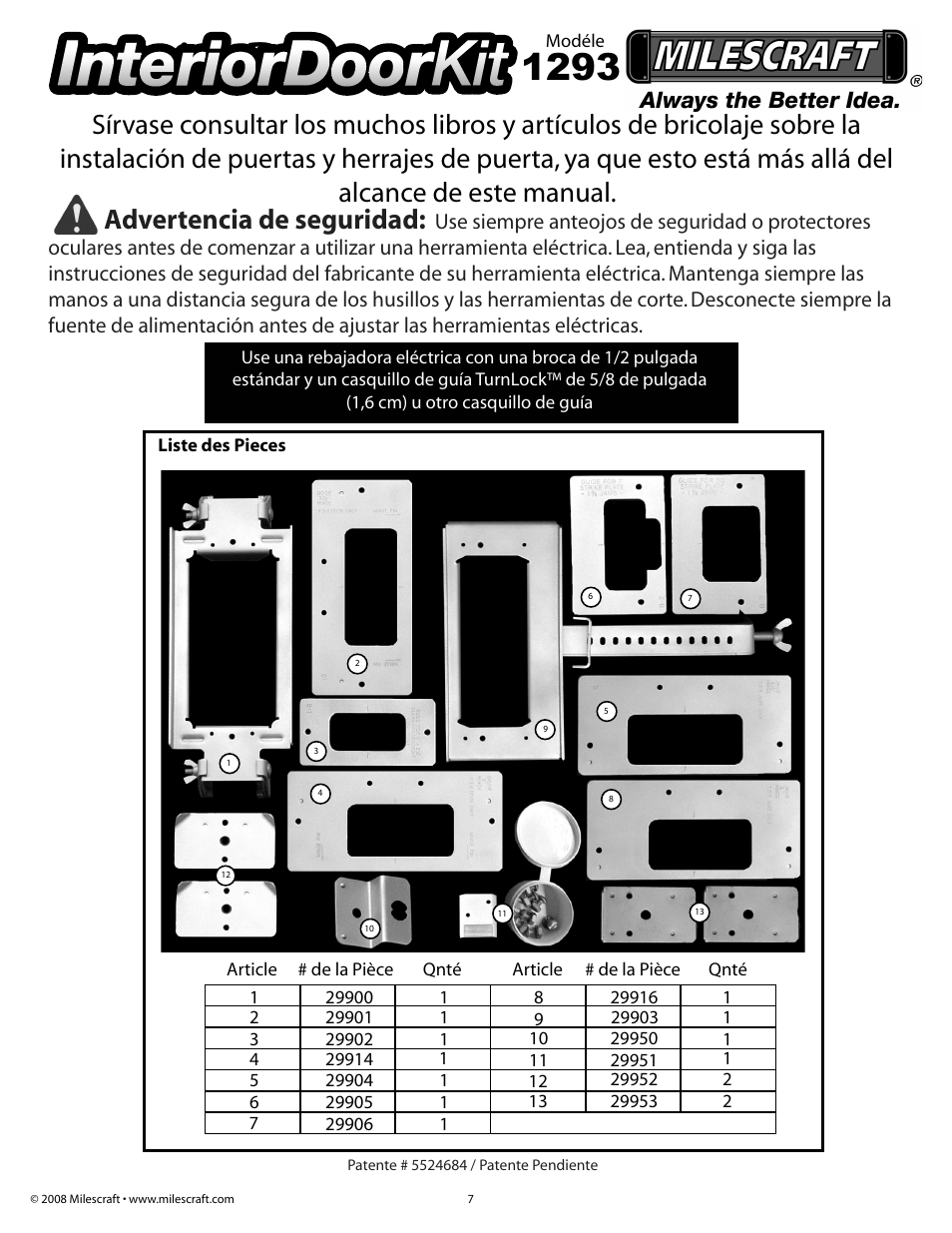 Interiordoor kit, Advertencia de seguridad | Milescraft 1293 - InteriorDoor Kit User Manual | Page 7 / 20