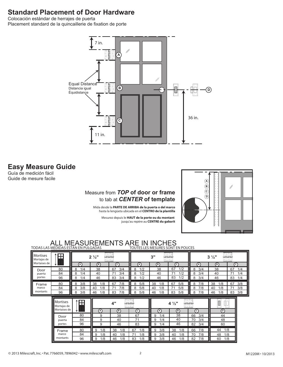 Standard placement of door hardware, Easy measure guide, All measurements are in inches | Top of door or frame, Center of template, Measure from, 36 in, Guía de medición fácil guide de mesure facile | Milescraft 1220 - DoorMortise Kit+ User Manual | Page 2 / 6