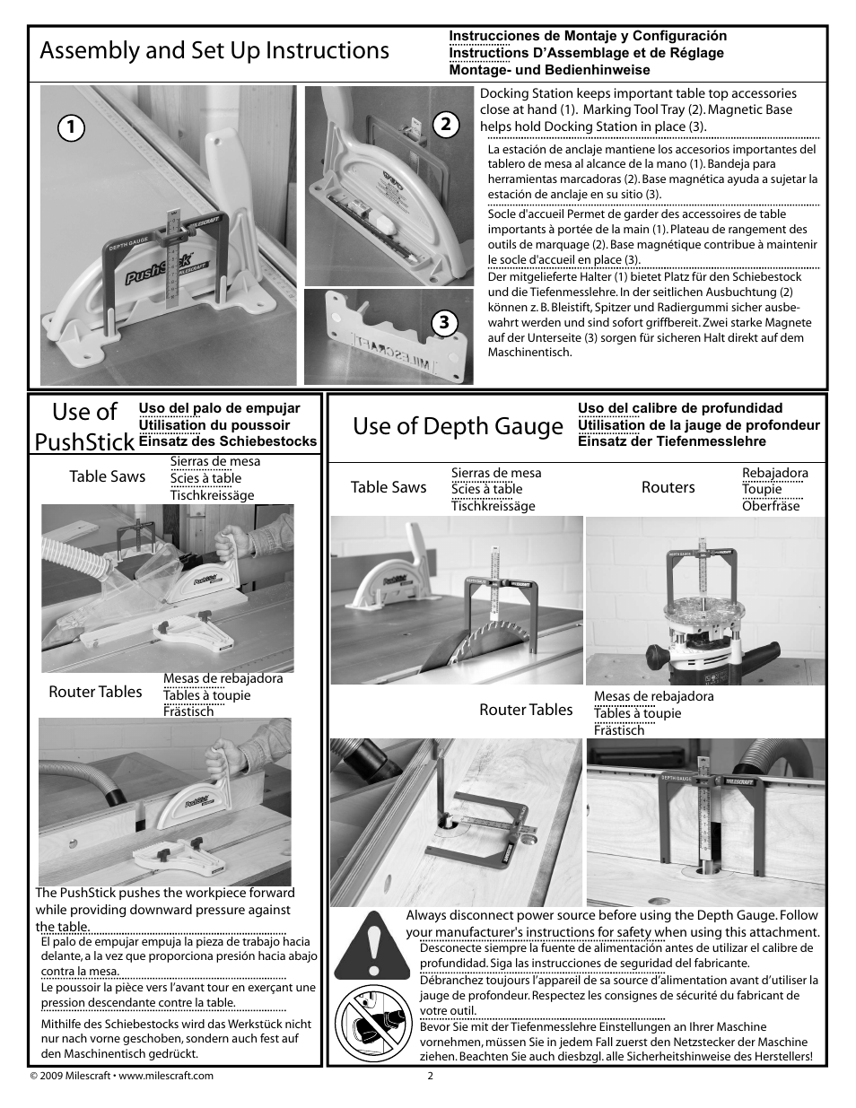 Assembly and set up instructions, Use of pushstick, Use of depth gauge | Milescraft 3402 - PushStick User Manual | Page 2 / 2