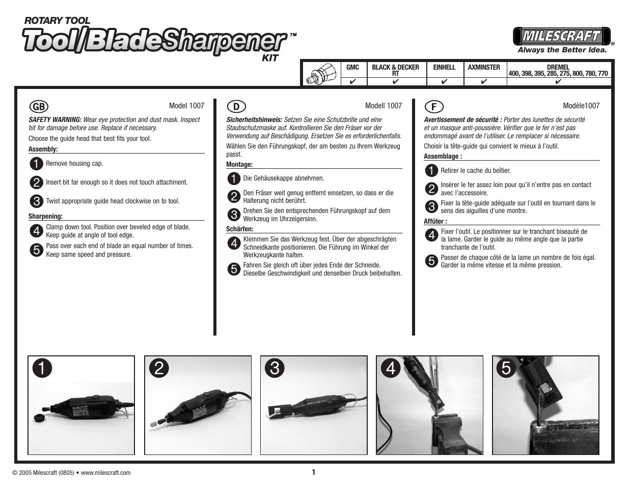 Milescraft 1007 - Tool/Blade Sharpener User Manual | 4 pages
