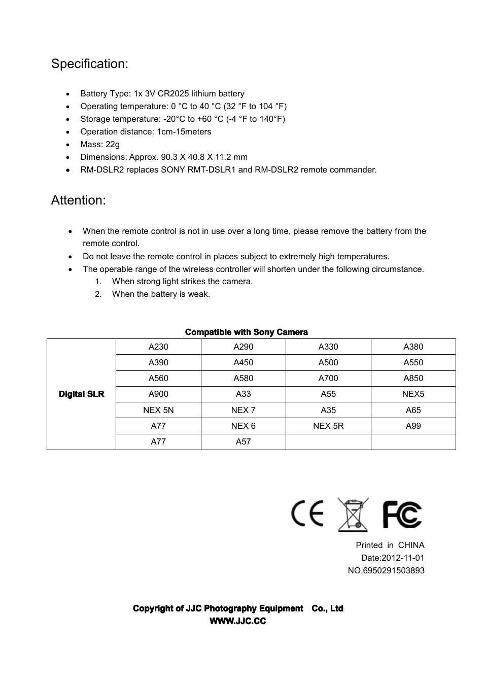 Specification, Attention | JJC RM-DSLR2 User Manual | Page 4 / 4