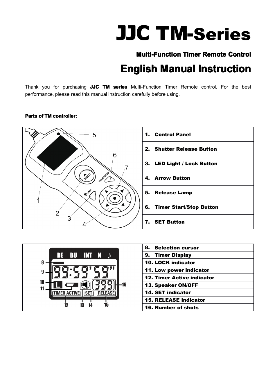 JJC TM Series Multi-Function Timer Remote control User Manual | 7 pages