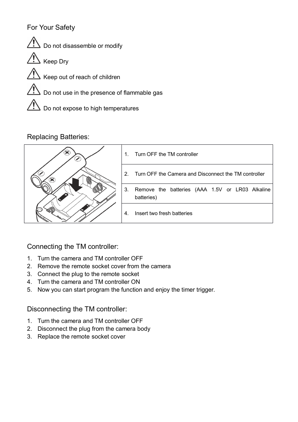 For your safety, Replacing batteries: connecting the tm controller, Disconnecting the tm controller | JJC TM Series Multi-Function Timer Remote control User Manual | Page 2 / 7