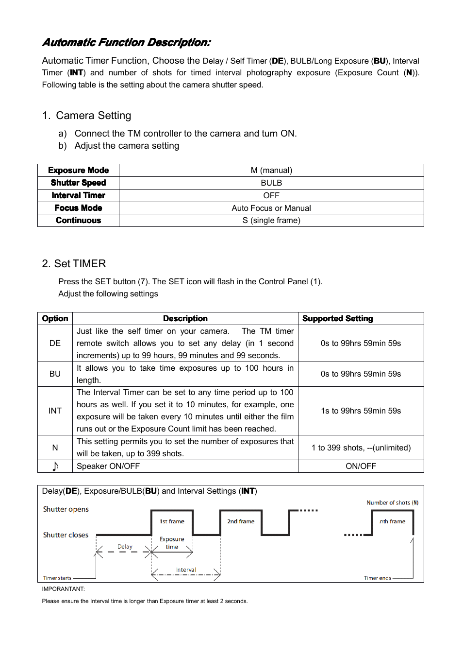 Automatic, Camera setting, Set timer | JJC TM Series Multi-Function Timer Remote control User Manual | Page 3 / 7