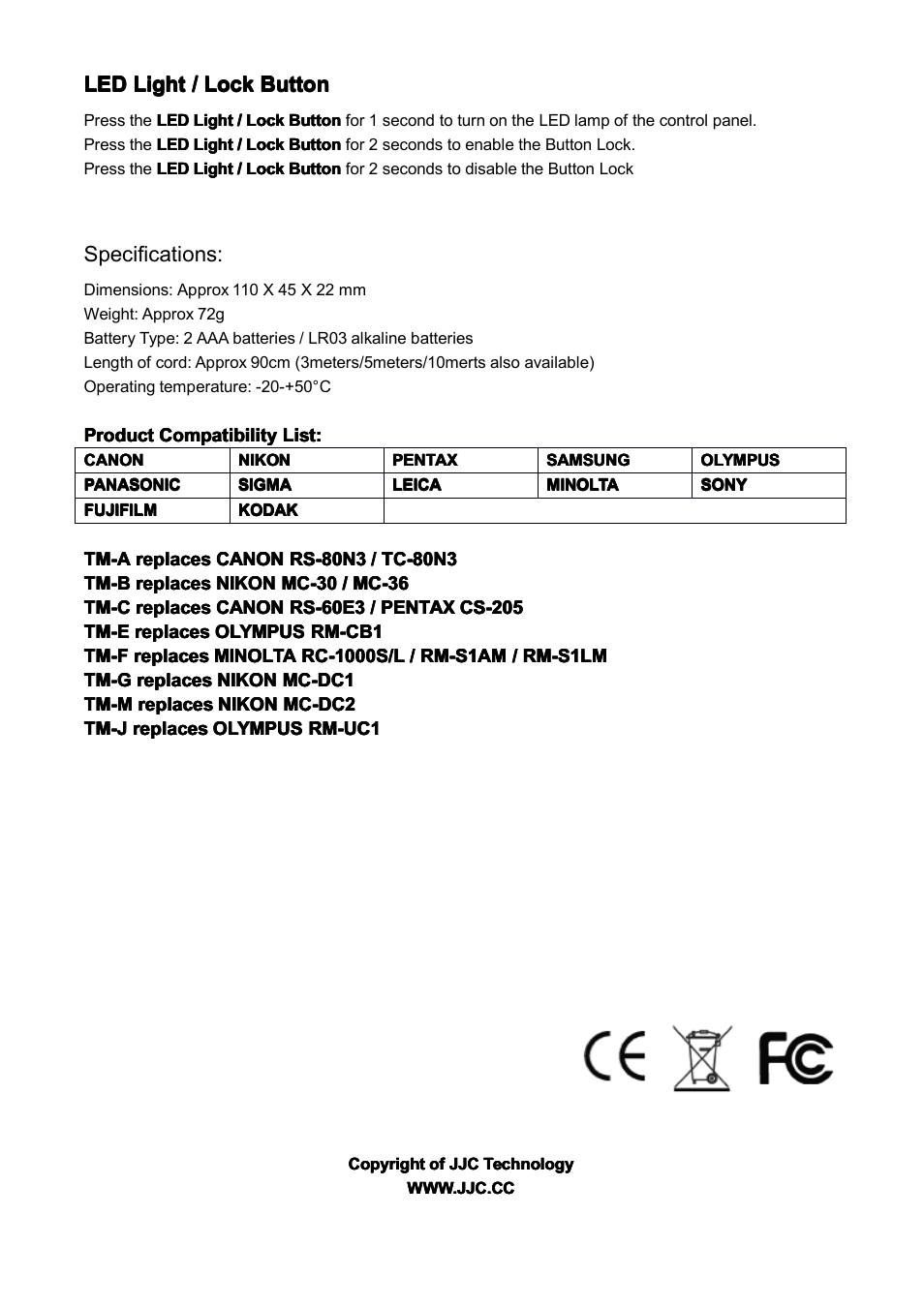 Specifications | JJC TM Series Multi-Function Timer Remote control User Manual | Page 7 / 7