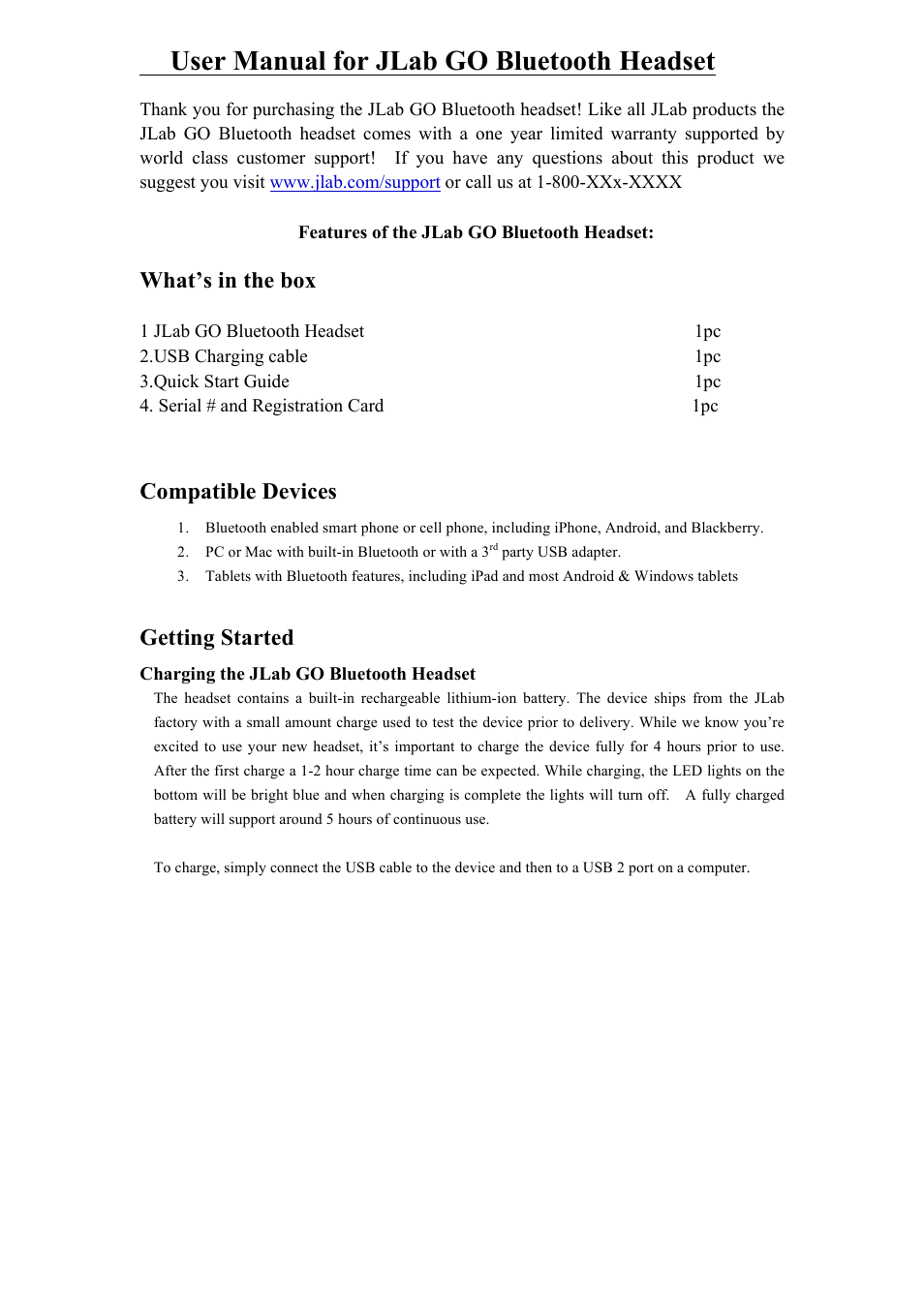 JLab Audio Go Bluetooth User Manual | 4 pages