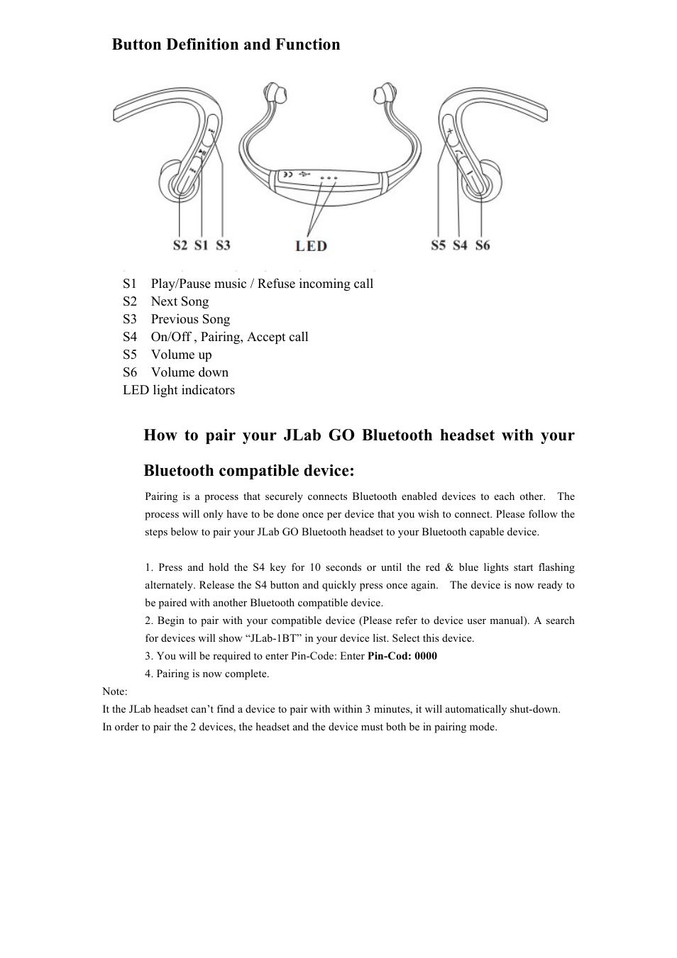 Button definition and function | JLab Audio Go Bluetooth User Manual | Page 2 / 4