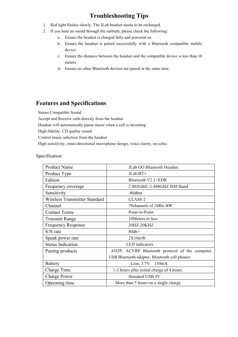 Troubleshooting tips, Features and specifications | JLab Audio Go Bluetooth User Manual | Page 4 / 4