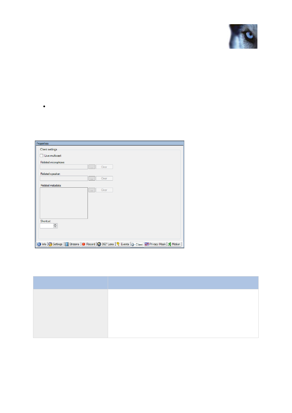 Client tab (devices), About the client tab, Client tab properties | Milestone XProtect Advanced VMS 2014 User Manual | Page 116 / 297