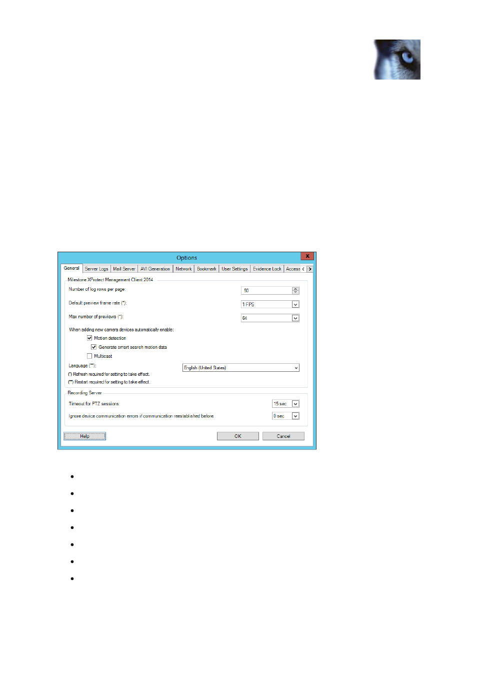 Options dialog box | Milestone XProtect Advanced VMS 2014 User Manual | Page 214 / 297