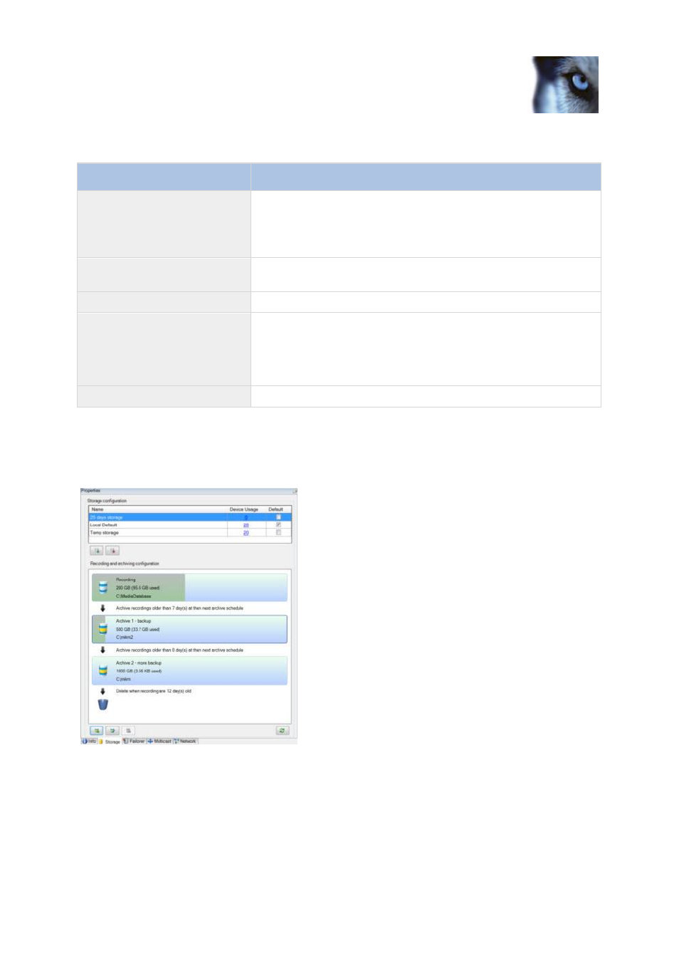 Info tab properties, Storage tab (recording server), About storage and archiving | E 63) | Milestone XProtect Advanced VMS 2014 User Manual | Page 63 / 297