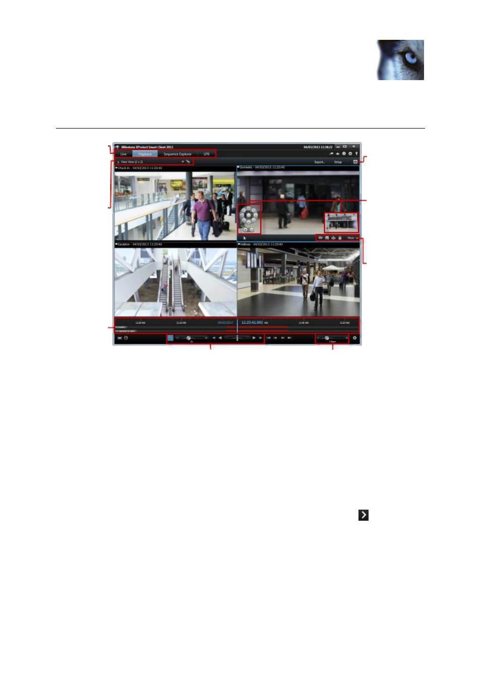 Quick guide to xprotect smart client, The playback/sequence explorer tab, Current view | Milestone XProtect Smart Client 2013 User Manual | Page 27 / 181