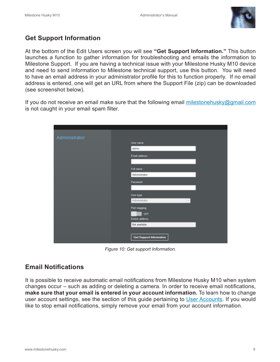 Get support information, Email notifications | Milestone M10 User Manual | Page 9 / 38