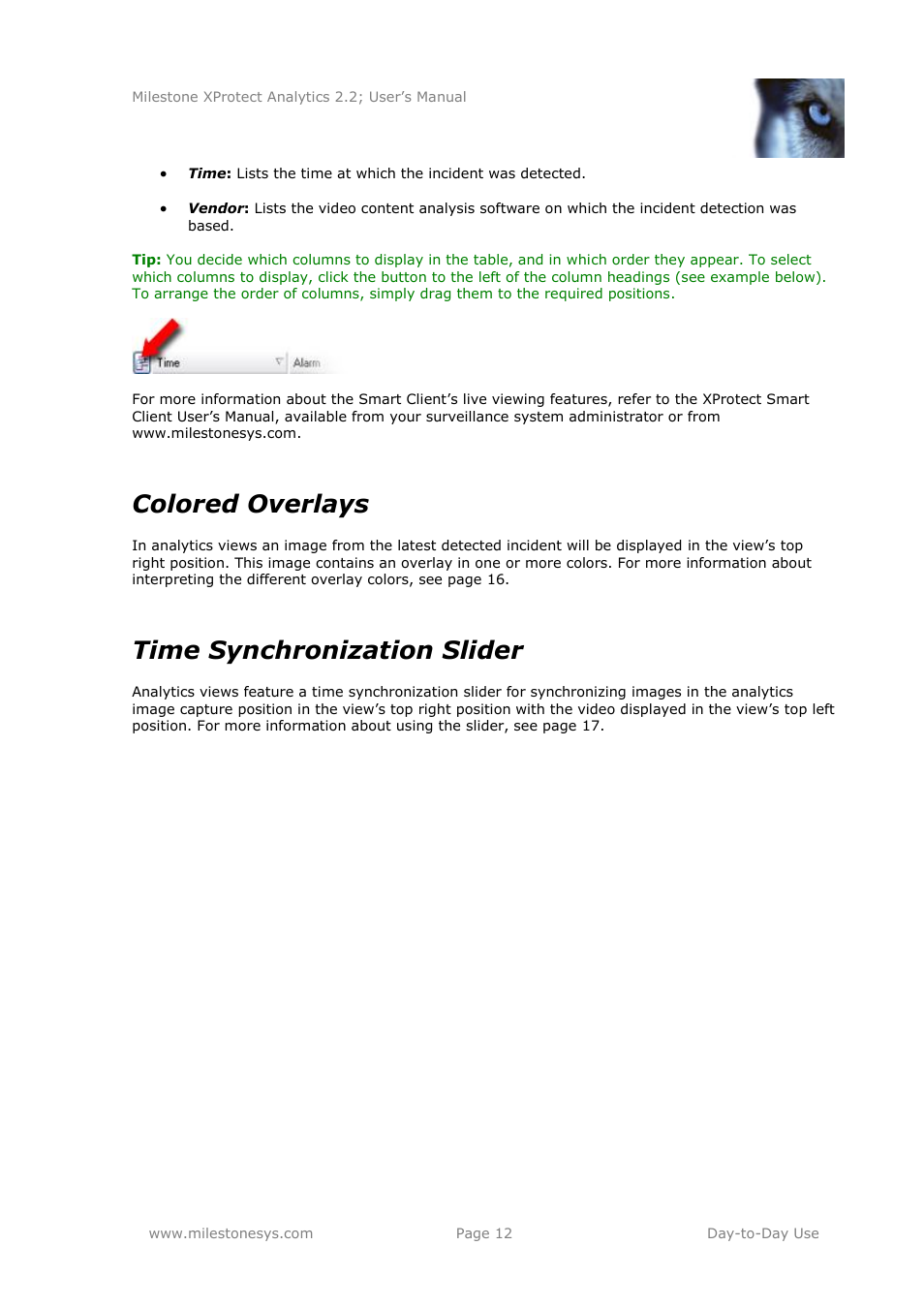 Colored overlays, Time synchronization slider | Milestone Analytics 2.2 User Manual | Page 12 / 19