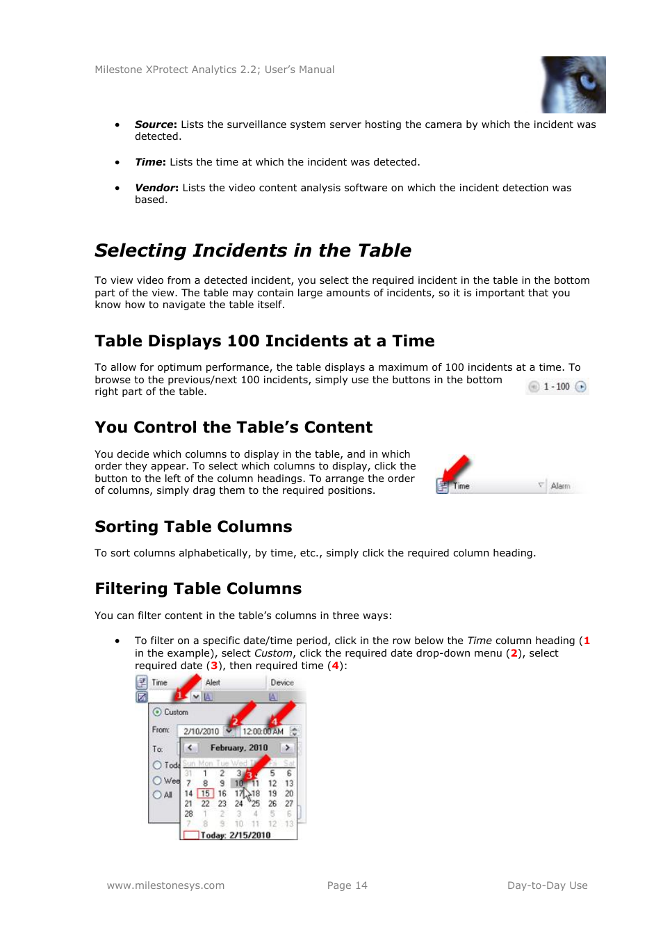Selecting incidents in the table, Table displays 100 incidents at a time, You control the table’s content | Sorting table columns, Filtering table columns | Milestone Analytics 2.2 User Manual | Page 14 / 19