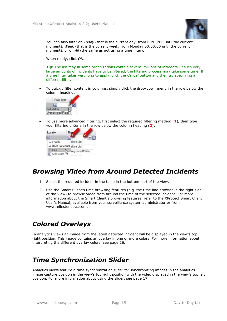 Browsing video from around detected incidents, Colored overlays, Time synchronization slider | Milestone Analytics 2.2 User Manual | Page 15 / 19