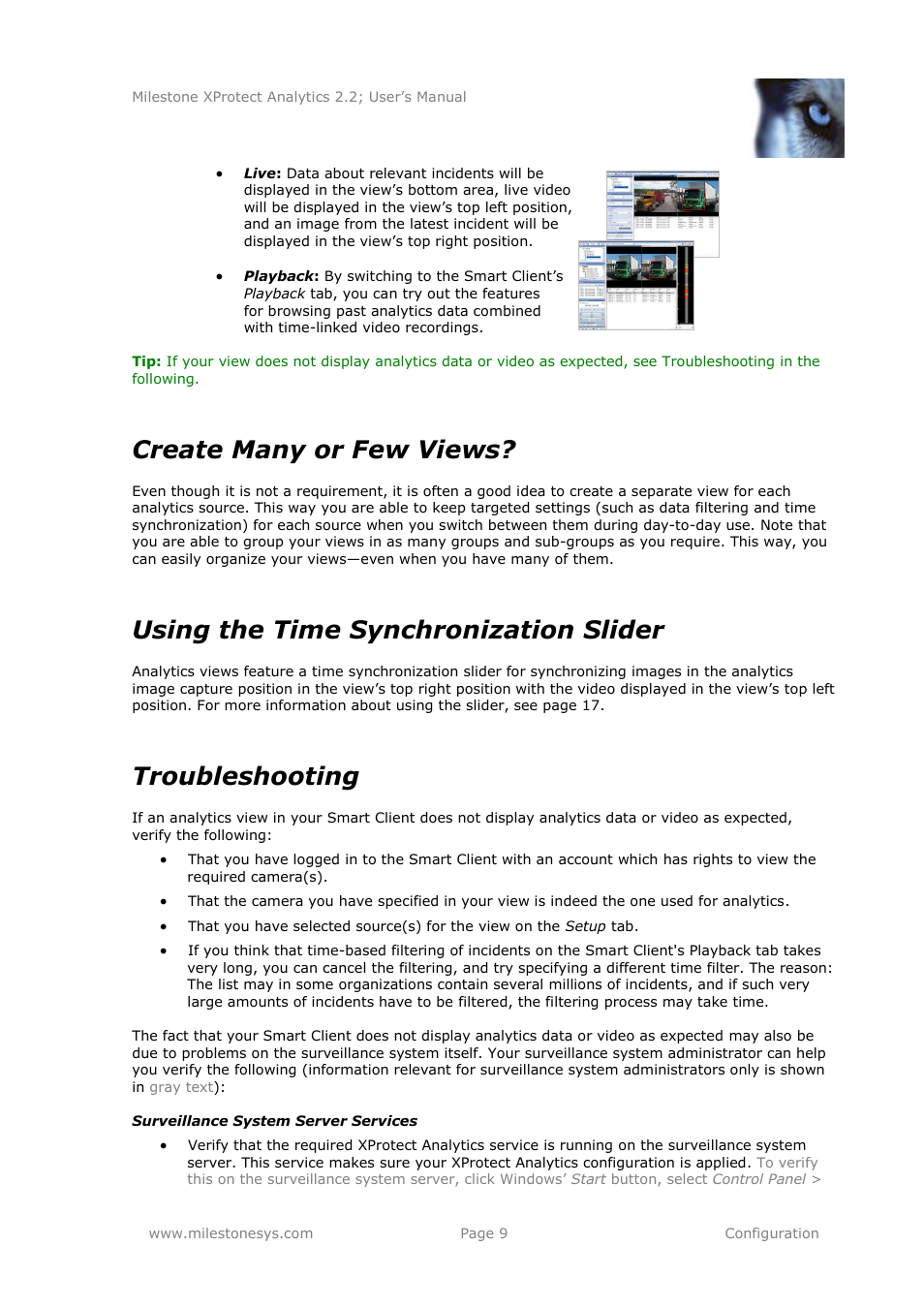 Create many or few views, Using the time synchronization slider, Troubleshooting | Milestone Analytics 2.2 User Manual | Page 9 / 19