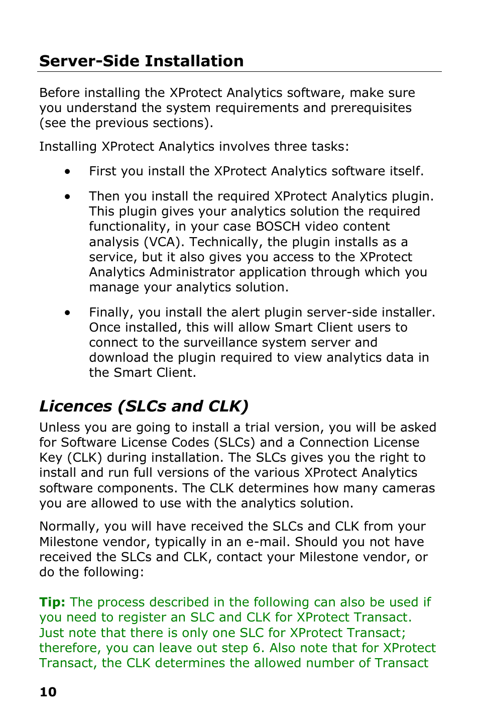 Server-side installation, Licences (slcs and clk) | Milestone Analytics 2.2 BOSCH VCA User Manual | Page 11 / 18