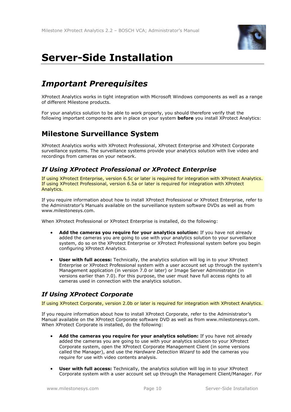 Server-side installation, Important prerequisites, Milestone surveillance system | If using xprotect corporate | Milestone Analytics 2.2 BOSCH VCA User Manual | Page 10 / 38