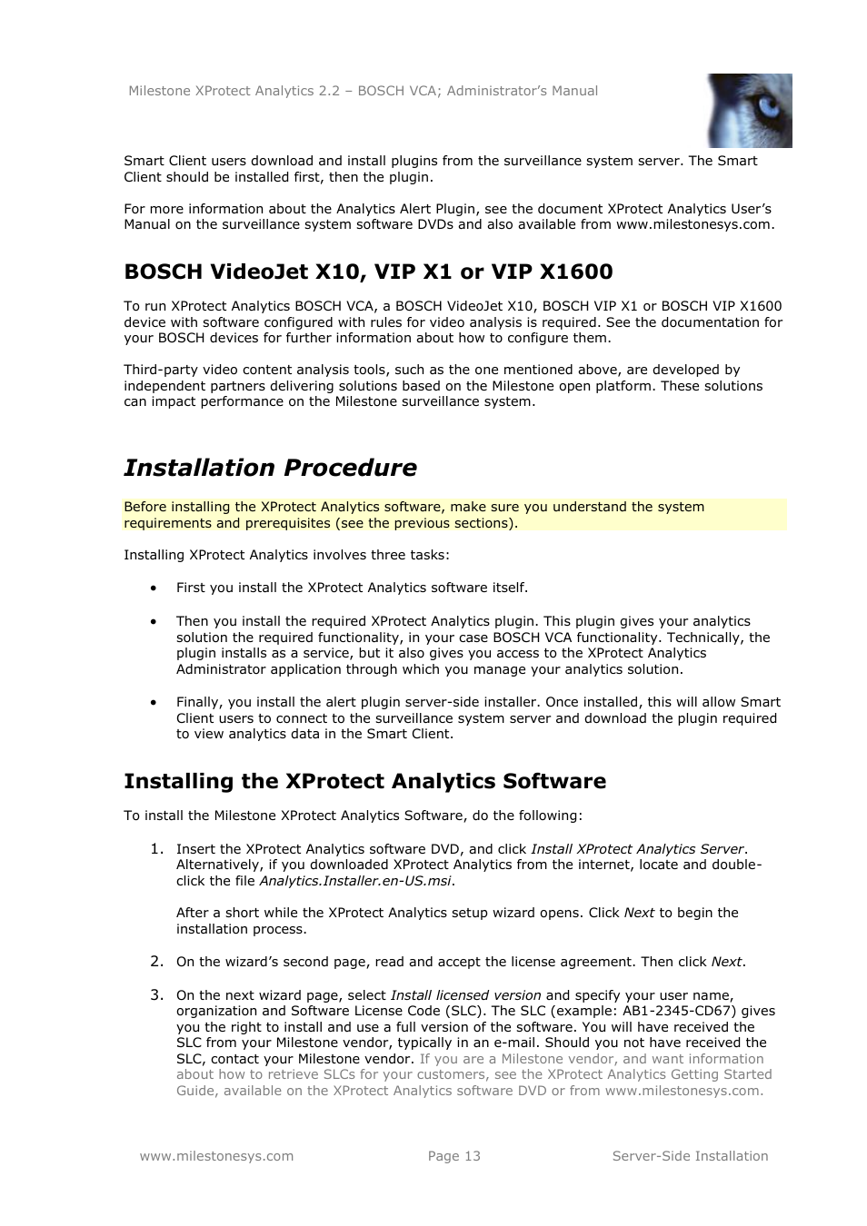 Bosch videojet x10, vip x1 or vip x1600, Installation procedure, Installing the xprotect analytics software | Milestone Analytics 2.2 BOSCH VCA User Manual | Page 13 / 38